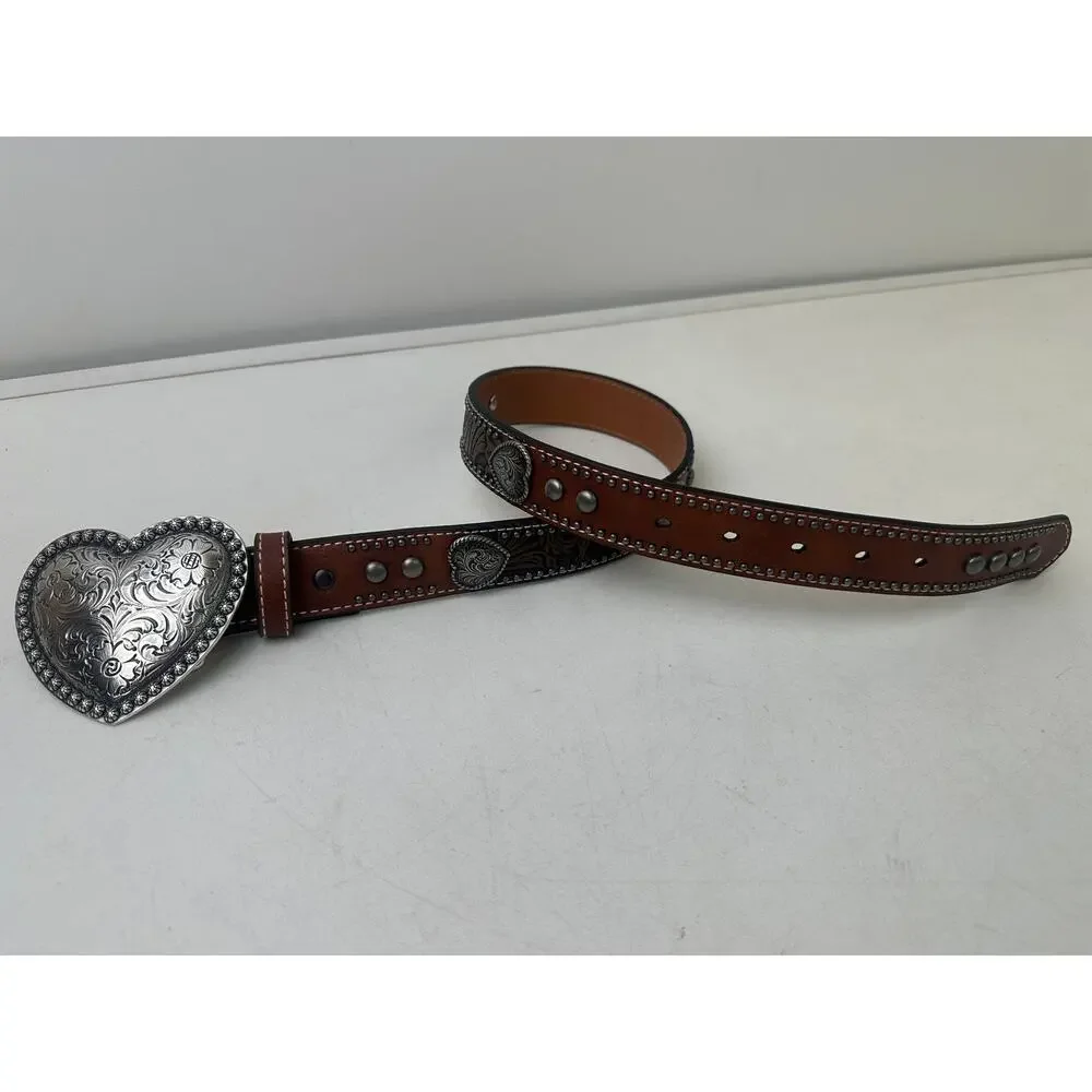 Ariat Western Brown Leather Belt W/ Silver Heart Buckle Children's Sz 24